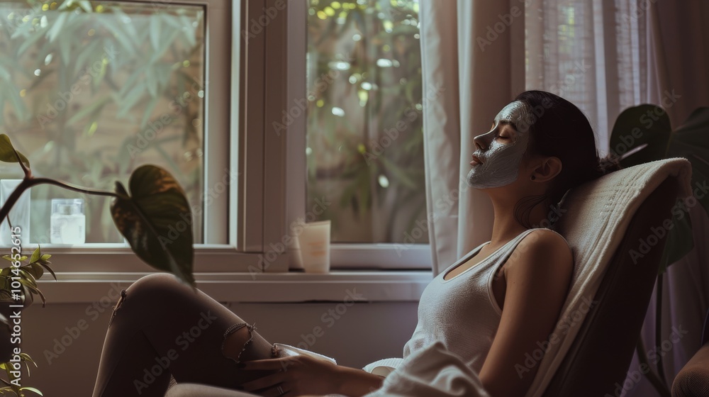A woman, face masked, relaxes in a chair by a window, embracing the tranquility of solitude and self-care in a cozy indoor setting. A woman, face masked, relaxes in a chair by a window, embracing the tranquility of solitude and self-care in a cozy indoor setting.
