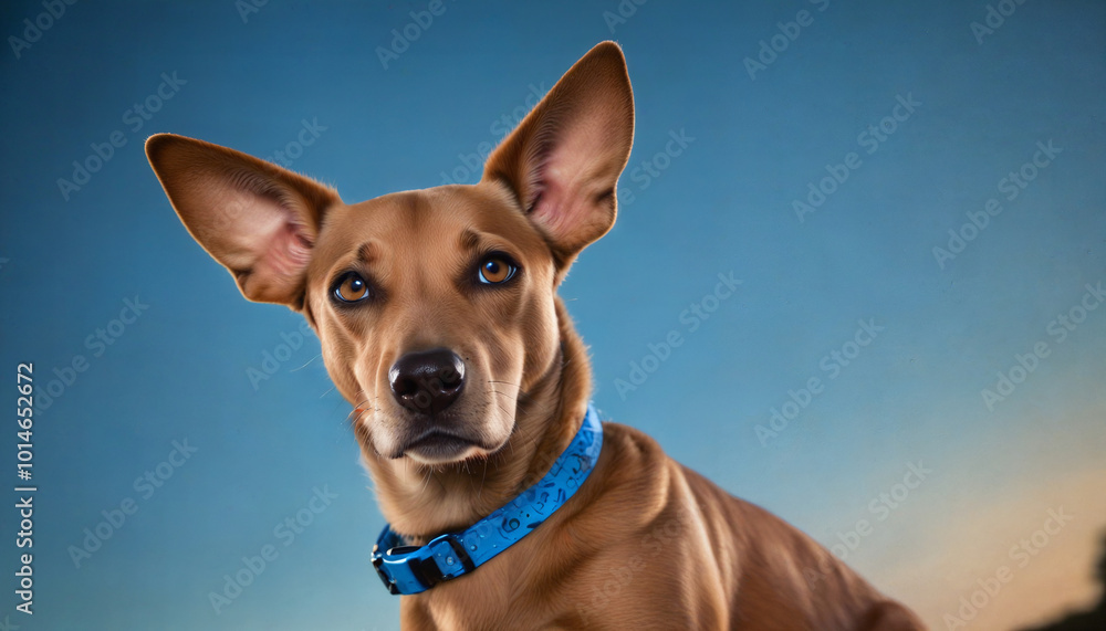 A playful dog with perked ears rests outdoors against a clear blue sky during a sunny afternoon A playful dog with perked ears rests outdoors against a clear blue sky during a sunny afternoon