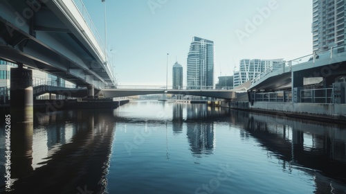 A network of bridges is elegantly reflected in the calm waterway with the urban skyline peeking from beyond under the bright sky.