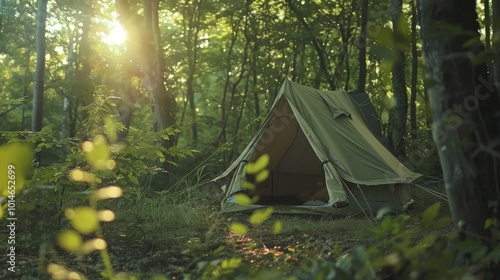 A cozy tent stands serenely amidst a sunlit forest, offering a peaceful refuge surrounded by lush, verdant foliage.