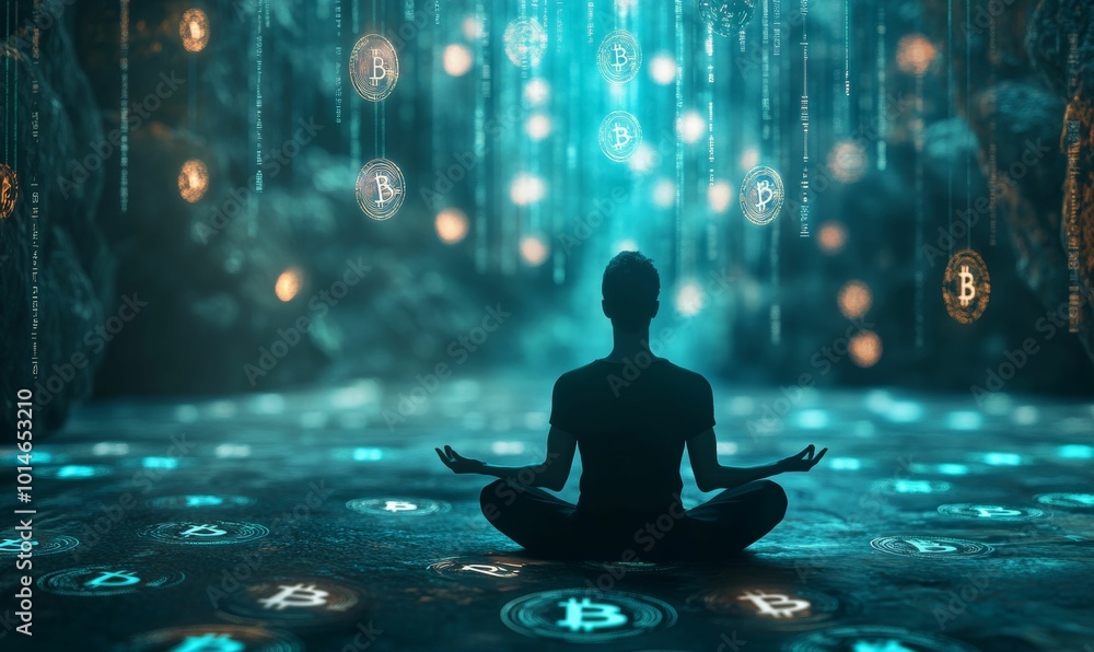 A person meditates surrounded by glowing Bitcoins. A person meditates surrounded by glowing Bitcoins.