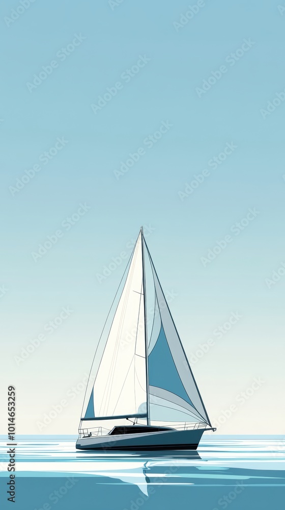 Fototapeta premium Sailing Serenity, a sleek minimalist boat gliding under a pristine sky, defined by sharp lines and tranquil simplicity