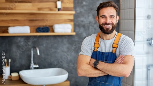 Smiling Handyman in Modern Bathroom, AI