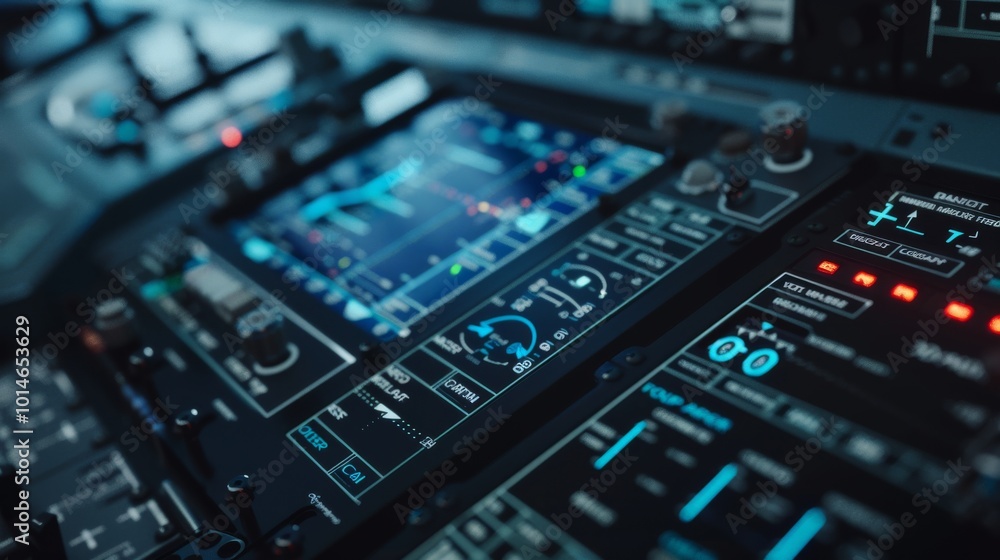 Close-up of advanced cockpit instruments aglow with a digital layout, illustrating high-tech aviation and the intricacy of modern flight navigation. Close-up of advanced cockpit instruments aglow with a digital layout, illustrating high-tech aviation and the intricacy of modern flight navigation.