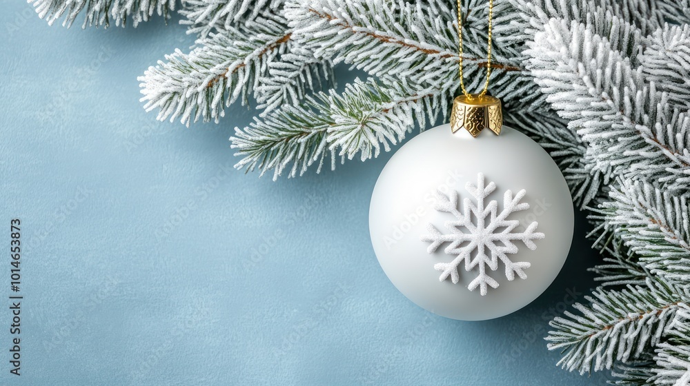 Snowy Evergreen Branch, White Ornament, Holiday Mood Snowy Evergreen Branch, White Ornament, Holiday Mood