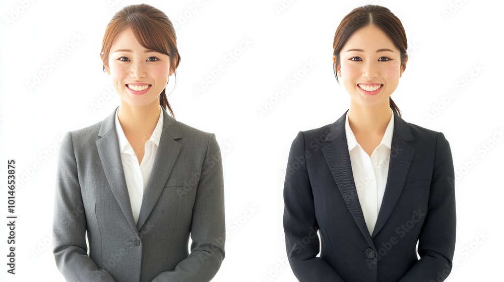 A stunning image featuring young and beautiful Japanese women in elegant suits against a pristine white background, designed for easy cropping. Captured from a below-waist camera angle A stunning image featuring young and beautiful Japanese women in elegant suits against a pristine white background, designed for easy cropping. Captured from a below-waist camera angle