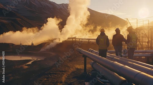 Industrial workers observe geothermal steam rising as the golden sun casts a warm glow over the rugged landscape.