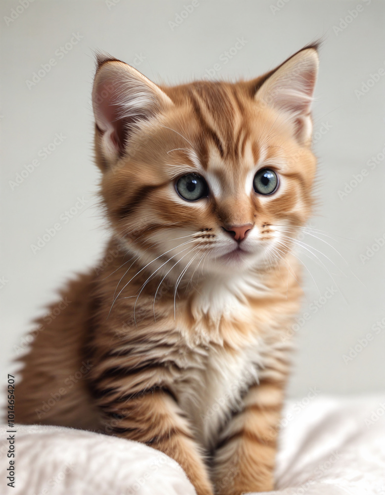 Obraz premium Adorable striped kitten resting on a soft blanket while gazing curiously at the camera in a cozy indoor setting