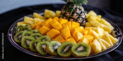 a plate of sliced fruit and a pine photo