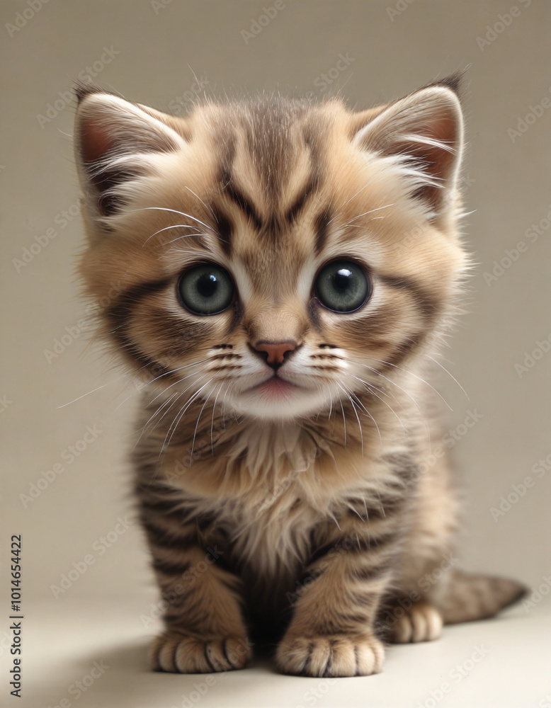 Cute fluffy tabby kitten with striking blue eyes sitting on a smooth surface in a softly lit environment Cute fluffy tabby kitten with striking blue eyes sitting on a smooth surface in a softly lit environment