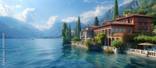 Breathtaking panoramic view of a luxurious lakeside villa nestled among cypress trees against a backdrop of towering mountains in a serene and idyllic Italian mountain landscape