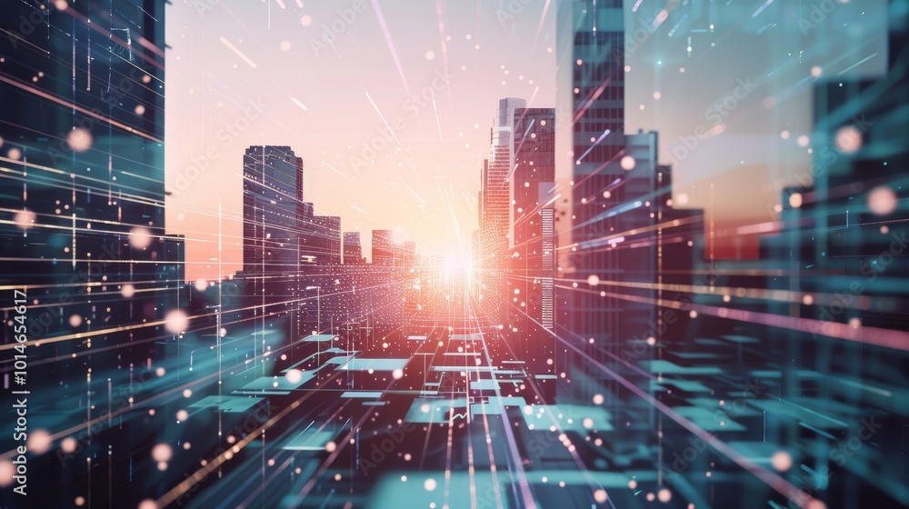 Sunlight pierces through a futuristic city skyline, creating streaks of light that illuminate the buildings in a vivid digital landscape. Sunlight pierces through a futuristic city skyline, creating streaks of light that illuminate the buildings in a vivid digital landscape.