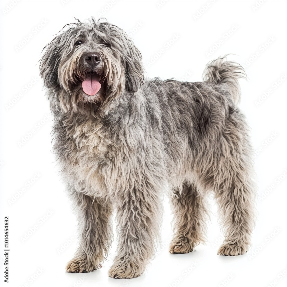Bergamasco Sheepdog stands tall, displaying its remarkable corded fur. With a joyful expression, it embodies the charm and character of its breed against a pristine backdrop. Bergamasco Sheepdog stands tall, displaying its remarkable corded fur. With a joyful expression, it embodies the charm and character of its breed against a pristine backdrop.