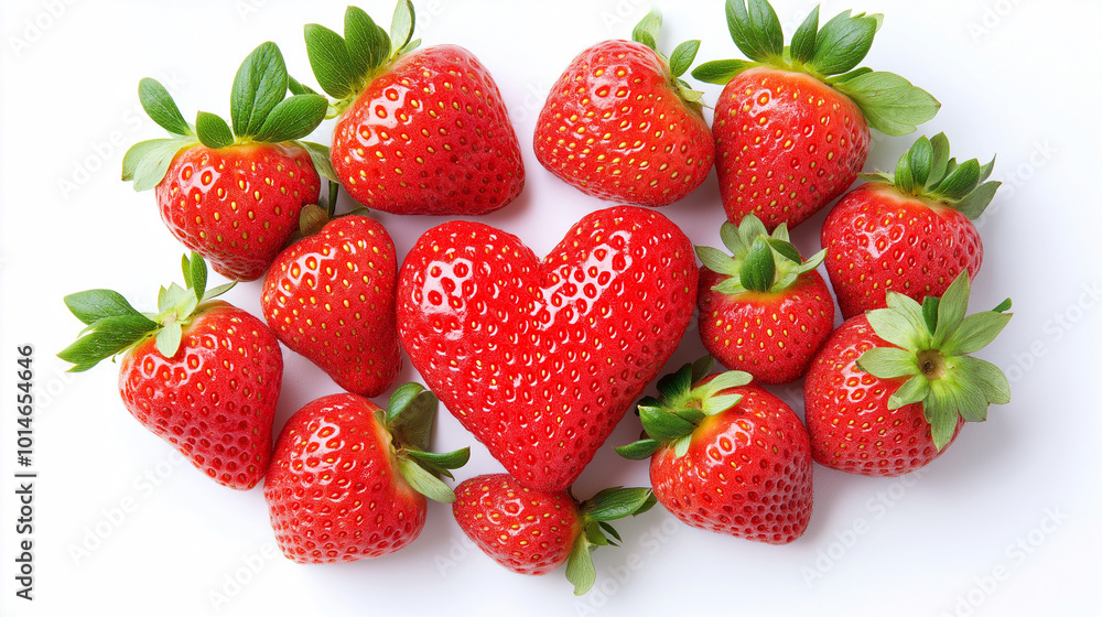 A handful of strawberries arranged in a heart shape on a pure white background. A handful of strawberries arranged in a heart shape on a pure white background.