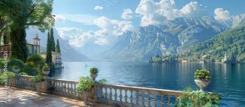 Fototapeta Naklejka Na Ścianę i Meble -  Breathtaking panorama of a luxurious alpine lake house nestled amidst towering mountains with a lush garden terrace overlooking the serene crystalline waters  This idyllic