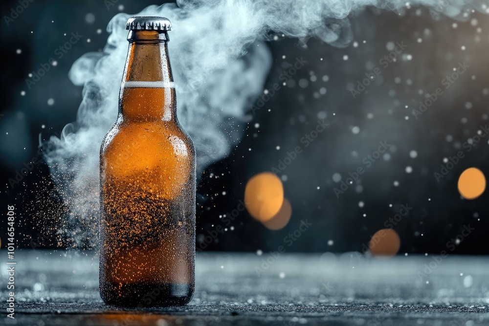 Icy allure: cold beer bottle resting on ice with a smoky mist rising, evoking sensation of a perfectly chilled drink, ideal for savoring cold, refreshing taste of a frosty beer on a hot day. Icy allure: cold beer bottle resting on ice with a smoky mist rising, evoking sensation of a perfectly chilled drink, ideal for savoring cold, refreshing taste of a frosty beer on a hot day.