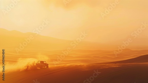 A lone ATV roars through vast desert dunes under a golden sky, casting dramatic shadows against a backdrop of rolling sands.