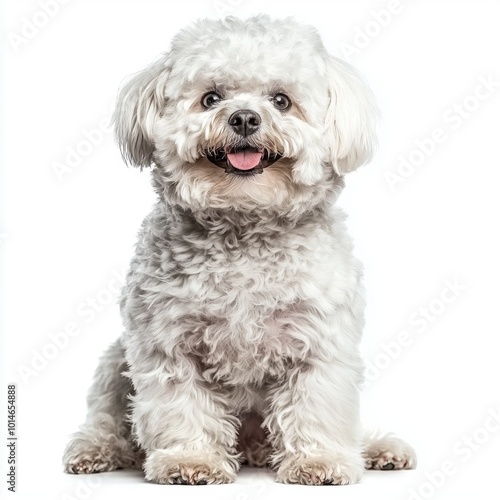 delightful Bichon Frise showcases its fluffy white coat and bright, happy expression while sitting gracefully on a pristine white background, embodying joy and charm.