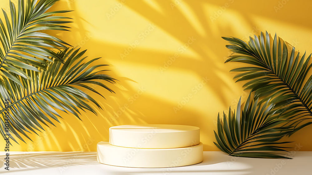 Two white round podiums on a yellow background with palm leaves and sunlight shadows. Two white round podiums on a yellow background with palm leaves and sunlight shadows.