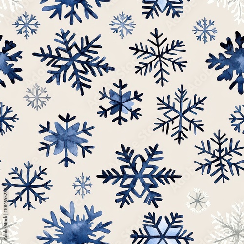 Watercolor snowflakes, subtle blue and white, seamless pattern, minimalist design, light gray background, deep depth of field, Christmas tile 