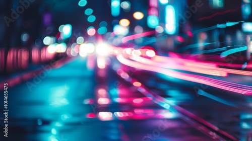 A dynamic blur of neon lights against a dark city street, capturing the motion and energy of nightlife.