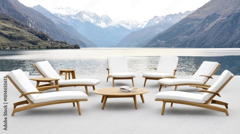 Modern Outdoor Furniture Near Scenic Lake Landscape Modern Outdoor Furniture Near Scenic Lake Landscape
