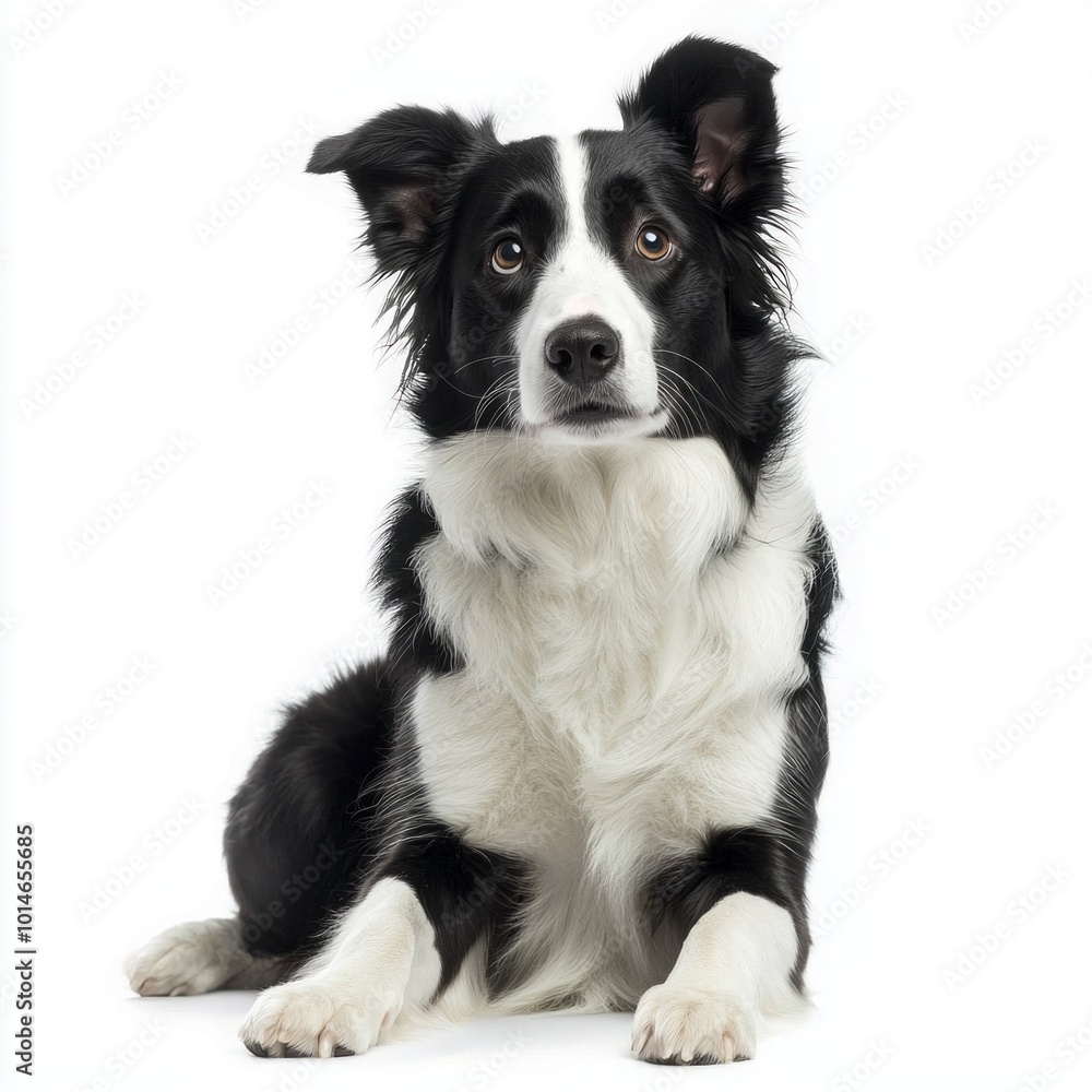 Border Collie sits peacefully, its sharp eyes wide and expressive while its beautiful black-and-white coat shines brightly against a crisp white background. Border Collie sits peacefully, its sharp eyes wide and expressive while its beautiful black-and-white coat shines brightly against a crisp white background.