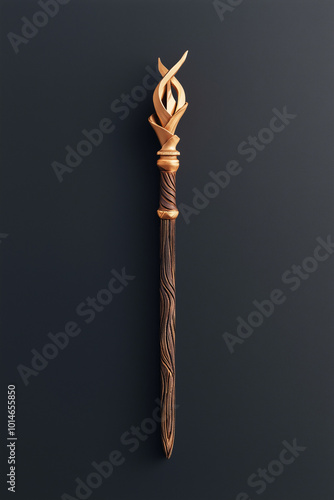 A wooden wand with a golden flame design at the top.