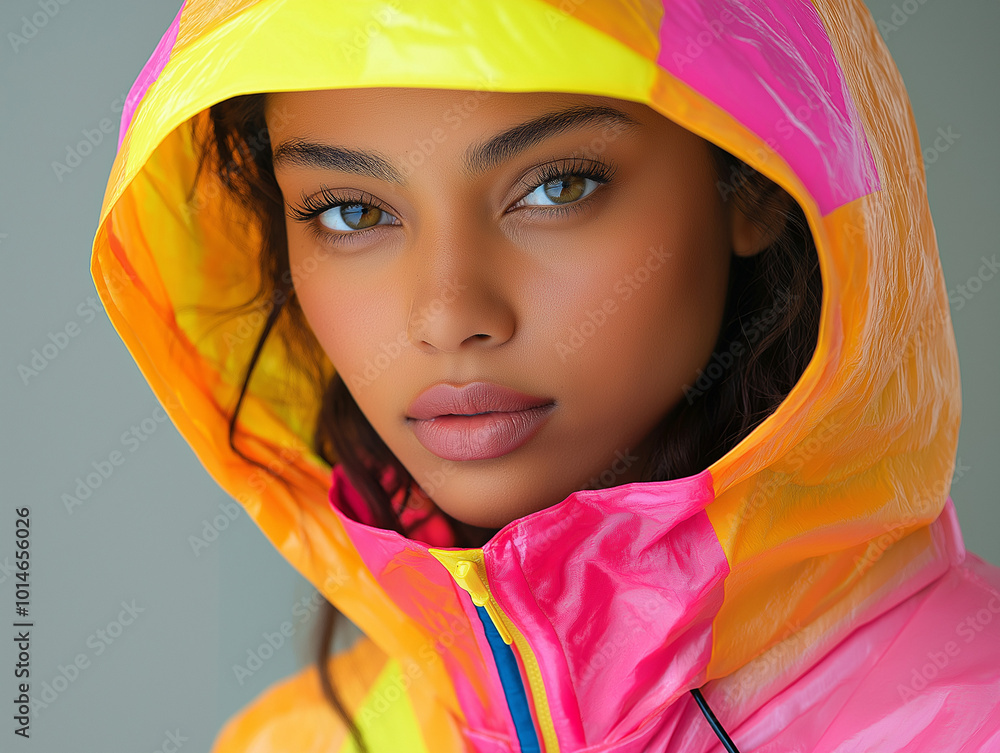 Fashion model with a neon pink and yellow hooded jacket exuding a futuristic style. Bright colors and modern design in a bold fashion portrait. Fashion model with a neon pink and yellow hooded jacket exuding a futuristic style. Bright colors and modern design in a bold fashion portrait.