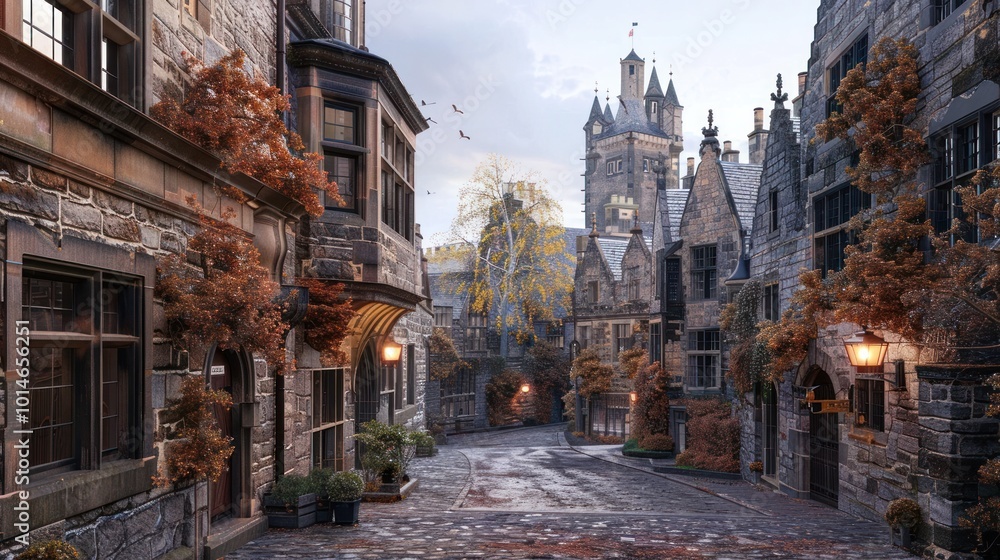 Scenic view of a picturesque medieval town with historic buildings tower spires and autumn leaves lining the cobblestone streets and alleyways Scenic view of a picturesque medieval town with historic buildings tower spires and autumn leaves lining the cobblestone streets and alleyways