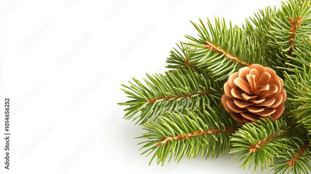 Lush pine needles with a single brown pinecone nestled among vibrant green branches on white background Lush pine needles with a single brown pinecone nestled among vibrant green branches on white background