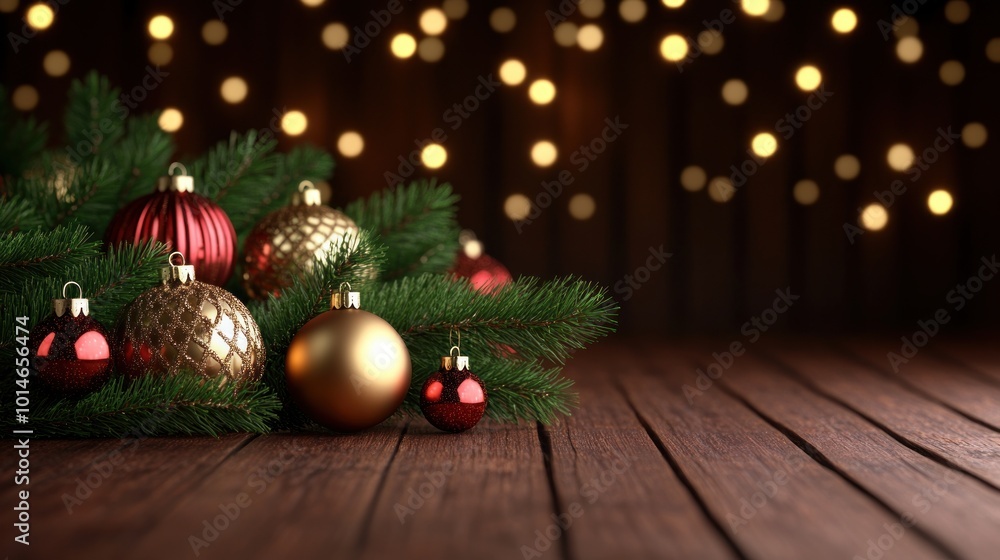Festive Ornaments, Glittering Baubles on Pine, Warm Lights on Wooden Table, Cozy Holiday Atmosphere Festive Ornaments, Glittering Baubles on Pine, Warm Lights on Wooden Table, Cozy Holiday Atmosphere