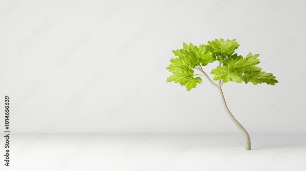 Fototapeta premium Minimalist tree, vibrant green leaves, delicate stem, white background, simple elegance.