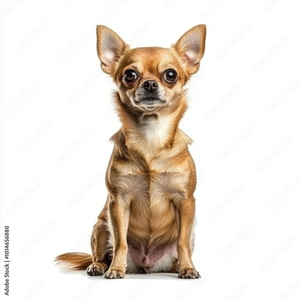 small Chihuahua sits upright, exuding charm with its oversized eyes and unique stature. The white background highlights its beautiful fur and playful expression. small Chihuahua sits upright, exuding charm with its oversized eyes and unique stature. The white background highlights its beautiful fur and playful expression.