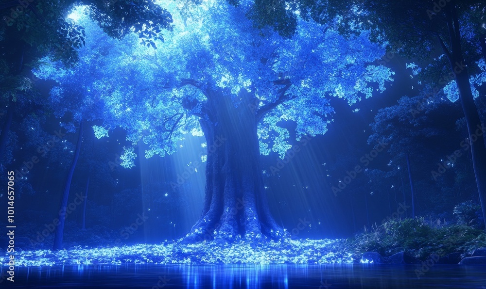 Enchanted forest with glowing tree and lake. Enchanted forest with glowing tree and lake.