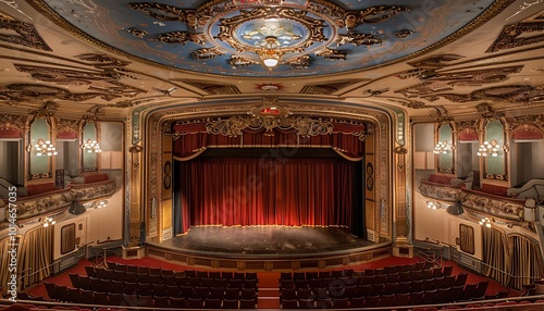 Interior of a theater with red curtains and seats