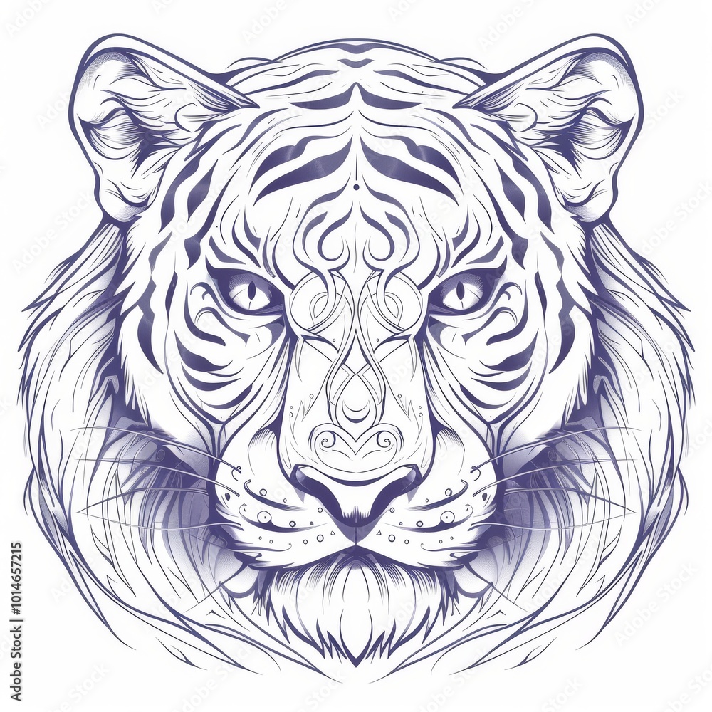 Detailed line art illustration of a tiger face with intricate patterns, showcasing symmetry and artistic design. Detailed line art illustration of a tiger face with intricate patterns, showcasing symmetry and artistic design.