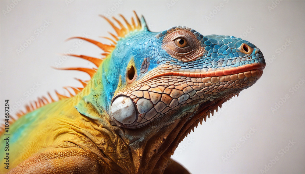 Fototapeta premium A vibrant blue and orange iguana perched against a neutral background showcasing its striking colors and features in a close-up view