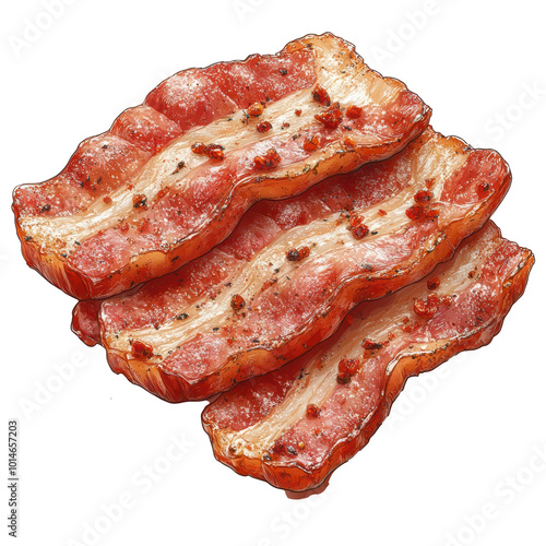 Crispy and savory bacon slices topped with black pepper on a white background.