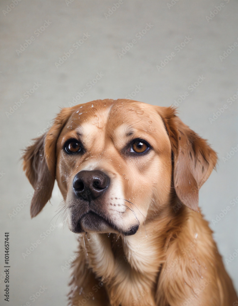 Dog with a serious expression standing against a gray backdrop, showcasing its wet fur after a playful outdoor adventure Dog with a serious expression standing against a gray backdrop, showcasing its wet fur after a playful outdoor adventure