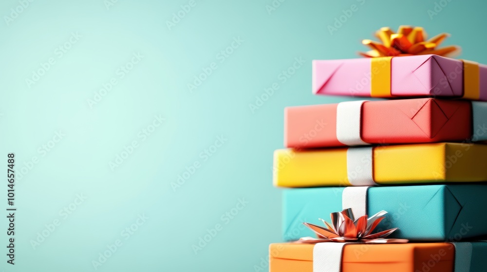 Obraz premium Colorful gift boxes stacked, pastel background, festive celebration, neatly wrapped presents, joyful atmosphere.