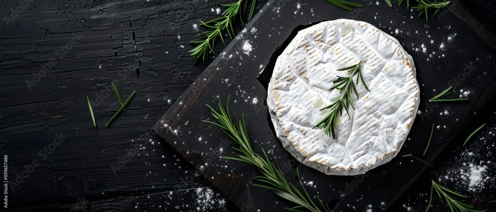 A rustic cheese wheel is elegantly presented on a dark wooden board, garnished with fresh rosemary, evoking a sense of artisanal culinary appreciation. A rustic cheese wheel is elegantly presented on a dark wooden board, garnished with fresh rosemary, evoking a sense of artisanal culinary appreciation.