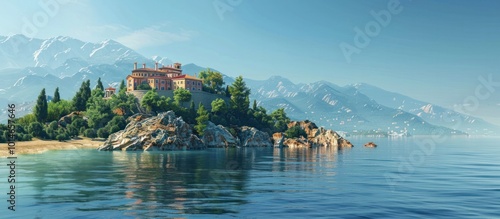Breathtaking lakeside castle nestled in the majestic alpine mountains with stunning scenic panorama view of the crystal clear azure waters lush pine forests