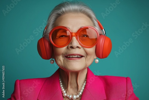 Woman wearing red sunglasses and headphones. elderly woman is captured in a joyful moment, laughing heartily. She wears pink blazer orange sunglasses that add playful touch to her look photo