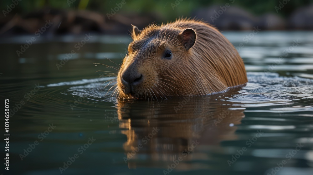 A capybara upper half is visible as it swims leisurely in the water. A capybara upper half is visible as it swims leisurely in the water.