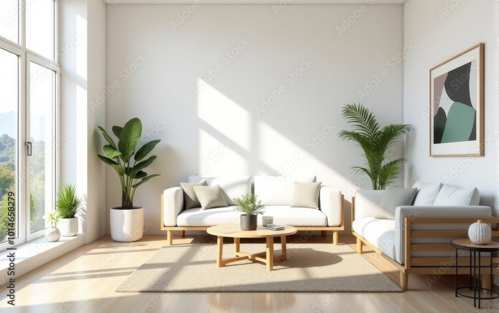 Fototapeta premium Minimalist living room with nature view. Stylish living room with panoramic windows, a modern sofa, indoor plants, and natural decor. The room is filled with light and comfort.