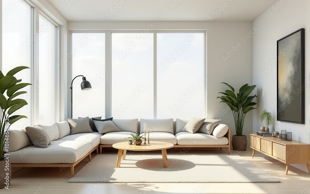 Fototapeta premium Minimalist living room with nature view. Stylish living room with panoramic windows, a modern sofa, indoor plants, and natural decor. The room is filled with light and comfort.
