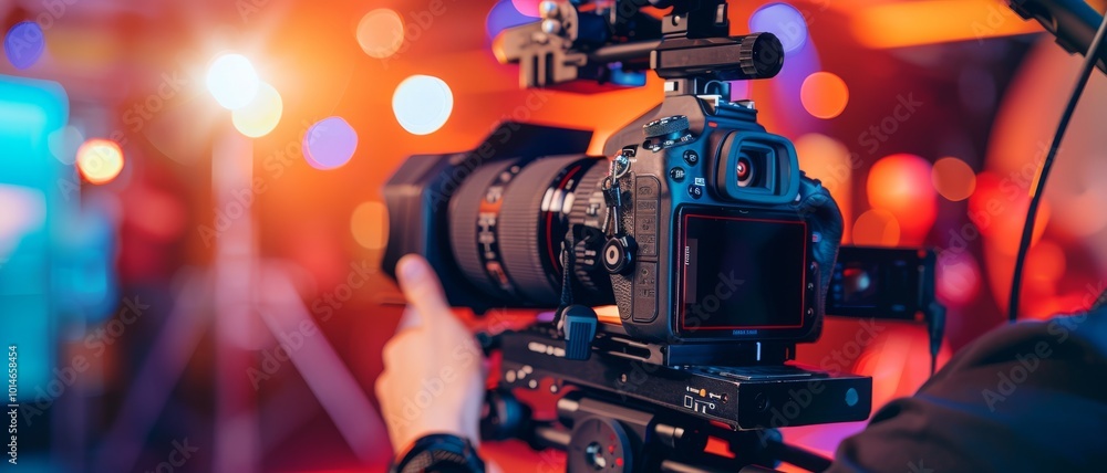 A professional camera setup captures vibrant, colorful bokeh lights, evoking the art of filmmaking. A professional camera setup captures vibrant, colorful bokeh lights, evoking the art of filmmaking.