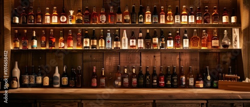 Wallpaper Mural A warm, rustic bar shelf filled with various bottled drinks, each casting a soft glow, evoking a cozy, inviting atmosphere perfect for an evening retreat. Torontodigital.ca