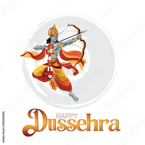 A Dussehra greeting featuring Lord Rama drawing his bow and arrow surrounded by a circular design HAPPY DUSSEHRA is written below symbolizing the triumph of good over evil